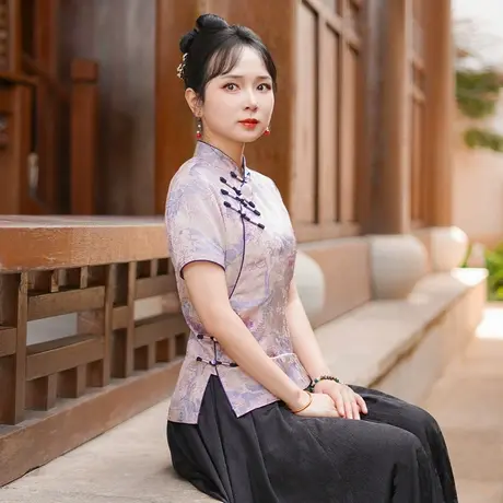筠雅夏季新款唐装上衣女中式改良修身显瘦气质斜襟短袖上衣25J210商品大图