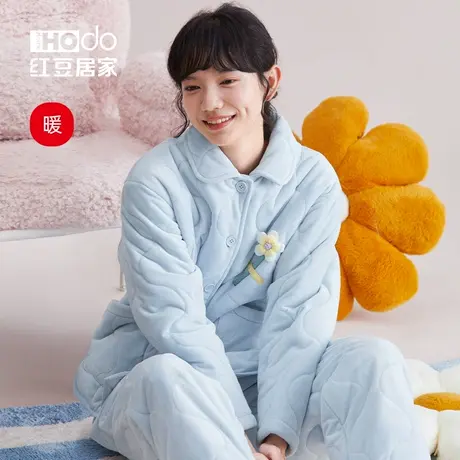 红豆女士夹棉睡衣三层保暖冬季家居服加厚锁温抗静电可外穿珊瑚绒商品大图