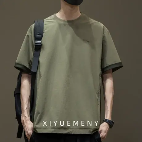 薄款速干拼接刺绣短袖T恤男2025夏季新款宽松大码尼龙半袖体恤衫商品大图