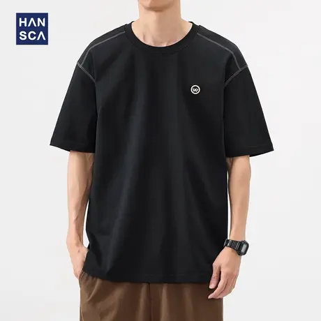 hansca 300g重磅宽松纯棉刺绣短袖t恤男2025夏季撞色透气休闲上衣商品大图