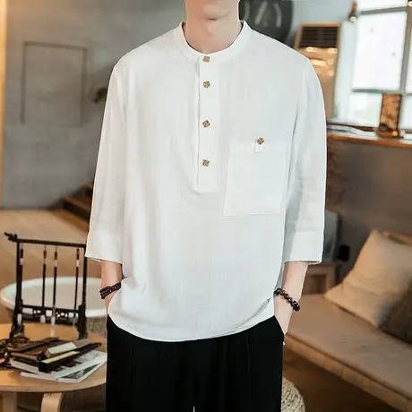 中国风新款男七分袖衬衫夏季小立领男装中袖上衣服时尚口袋T恤潮图片