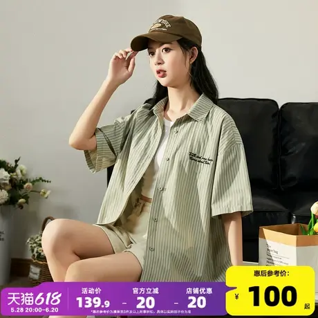 唐狮2025夏季新款条纹短袖衬衫女宽松休闲工装衬衣日系复古t恤图片