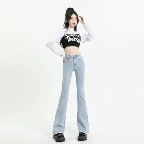 唐狮牛仔裤女春秋季新款修身显瘦微喇裤浅蓝高腰显瘦阔腿长裤子GT图片