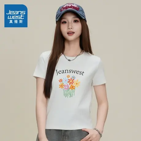 E8真维斯女装2025夏季新款花朵印花女款时尚休闲圆领短袖女士T恤商品大图