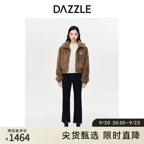 DAZZLE地素奥莱 深卡其色休闲羊毛绒翻领短款毛呢毛绒外套女图片