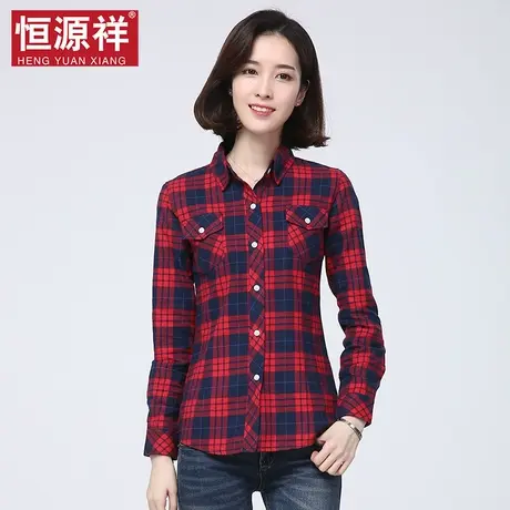 {清仓}恒源祥红色格子衬衣女春秋款长袖衬衫宽松外搭棉质上衣外套商品大图