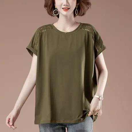 T恤女短袖夏季加肥加大码女装宽松中年妈妈全棉镂空显瘦半袖体恤商品大图