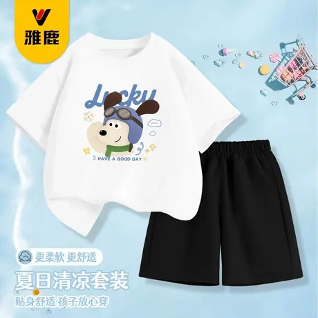 雅鹿男童夏季短袖套装2025新款儿童纯棉t恤中大童宽松透气短裤潮商品大图