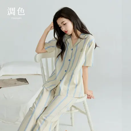 凉感天丝棉25新款睡衣套装女士睡衣男士春夏季竖条薄款短袖睡衣女商品大图