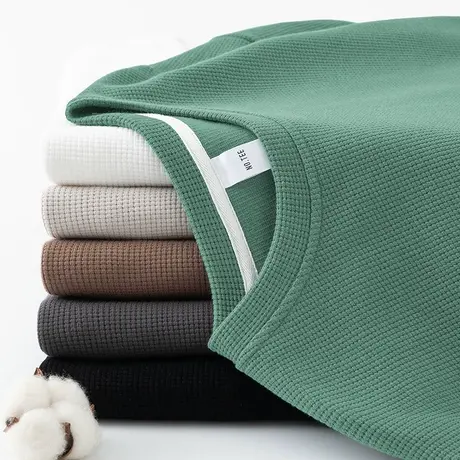 男士卫衣华夫格秋冬款保暖无帽上衣加绒加厚圆领套头纯色长袖t恤商品大图