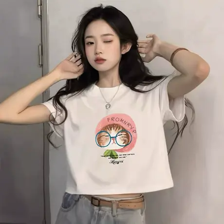 正肩白色高腰短款t恤女夏季2025新款棉质设计感时尚短袖小衫上衣图片