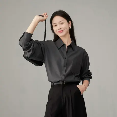 娅丽达正肩显瘦简约黑色衬衫女2025新款秋季气质外搭女士衬衣外套商品大图