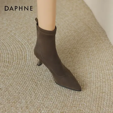 达芙妮尖头短靴女2026新款冬季绒面踝靴细跟高跟鞋弹力瘦瘦靴加绒商品大图