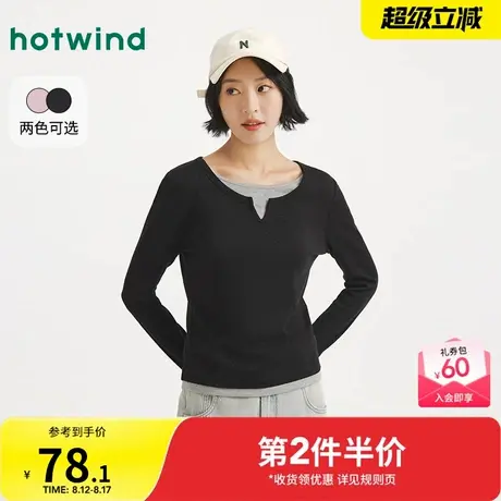 热风2025年秋季新款女士小开领假两件长T恤拼接圆领休闲通勤长袖图片