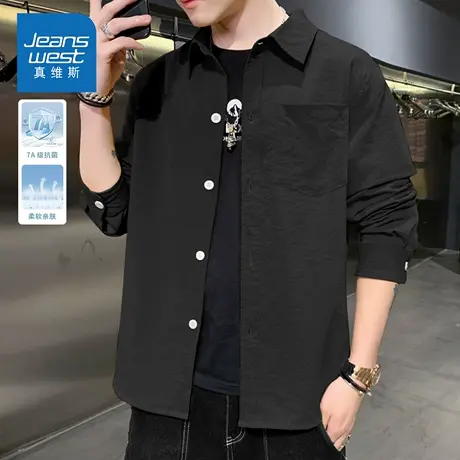 KZH真维斯翻领长袖衬衫男秋季新款宽松简约上衣青年潮流休闲外套商品大图