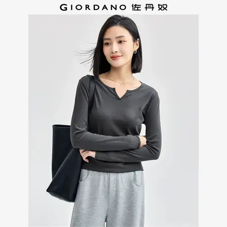 佐丹奴T恤女装纯棉小V领弧形下摆针织长袖T恤 05324799图片