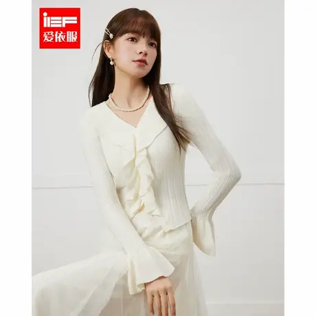 IEF/爱依服2025春季小众设计性感荷叶边减龄温柔风毛织上衣商品大图