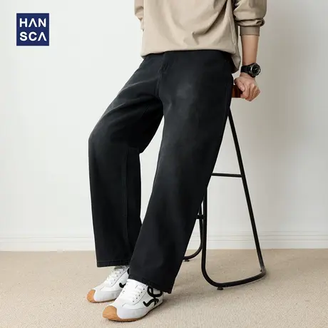 hansca黑色直筒阔腿男潮牛仔裤男2025新款秋季宽松复古纯棉长裤子商品大图