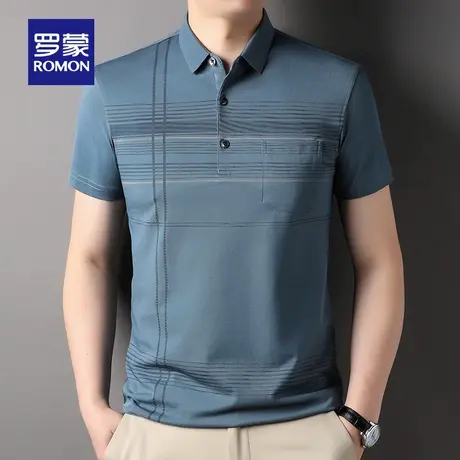 罗蒙男士短袖T恤夏季薄款爸爸装翻领口袋中老年条纹短袖polo衫男商品大图