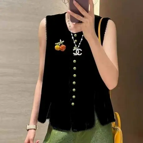 拉夏贝尔高级感丝绒马甲女款2025秋季宽松蕾丝花边背心马夹短外套商品大图