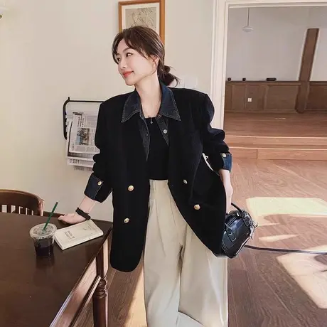 爵莱菲牛仔拼接灯芯绒西装外套女2025春季新款高级感炸街气质西服商品大图
