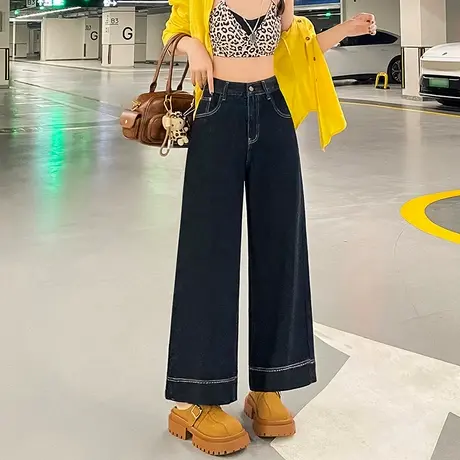 丹宁蓝九分阔腿牛仔裤女春季新款高腰复古显瘦宽松小个子直筒裤子商品大图