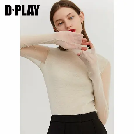 DPLAY德帕拉秋冬新款欧美裸色高领简约长袖肤色网纱打底衫女商品大图