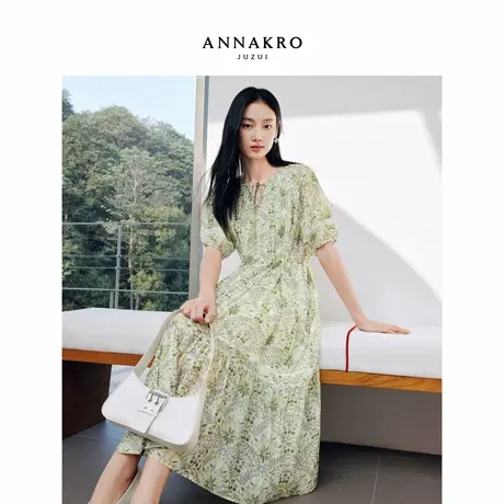 玖姿安娜蔻清新田园蕾丝拼接收腰莱赛尔碎花连衣裙女2026春季新款图片