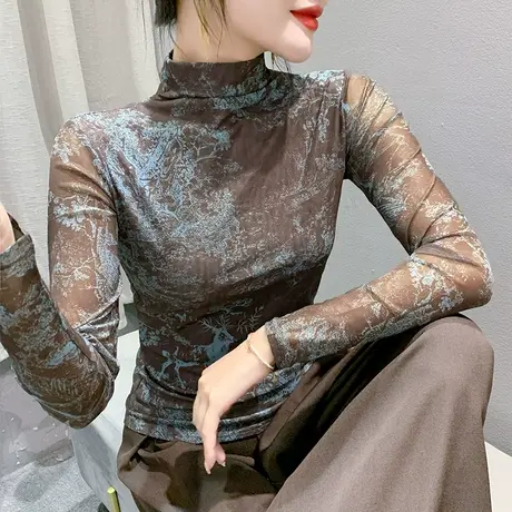 性感半高领T恤女长袖扎染印花透气网纱上衣洋气修身时尚打底衫ins商品大图