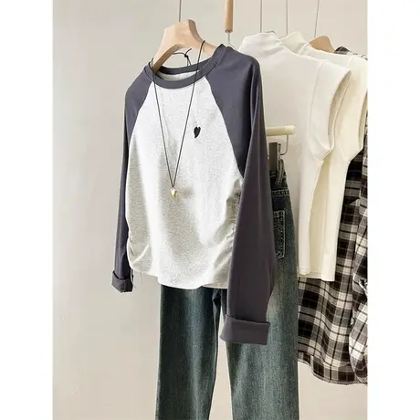 抽绳下摆长袖T恤女秋装韩版百搭修身显瘦拼接撞色内搭打底衫上衣商品大图