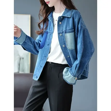 宝诗黎翻领牛仔外套女百搭春秋款女装2023年新款宽松棉质夹克上衣商品大图
