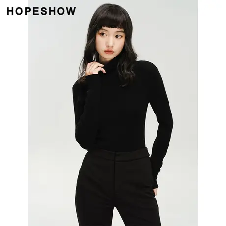 红袖outlets纯色高领针织衫hopeshow2023冬款薄款内搭打底衫毛衣商品大图