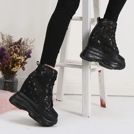 小个子内增高马丁靴女14CM蕾丝刺绣网面休闲高帮鞋软底松糕运动鞋商品大图