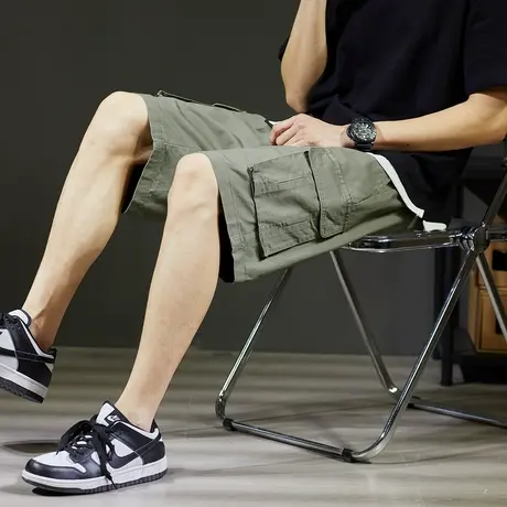 唐狮夏季新款男休闲短裤黑色工装直筒休闲宽松潮流中裤口袋五分裤图片