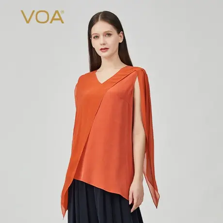 VOA真丝30姆米重磅复古红V领撞料拼接做旧工艺披肩长袖桑蚕丝T恤图片