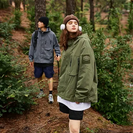 复古山系连帽工装外套女春秋2023新款宽松情侣潮牌户外夹克商品大图