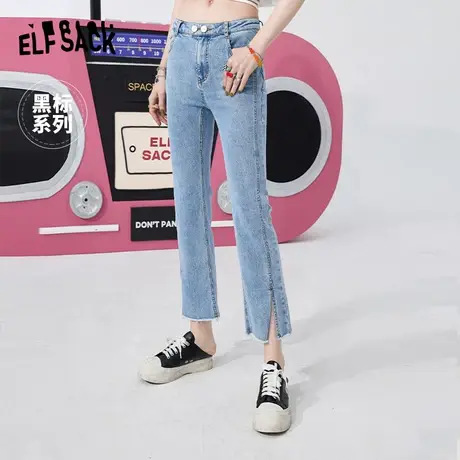 妖精的口袋浅色开叉微喇牛仔裤女2023秋季新款修身显瘦九分喇叭裤商品大图