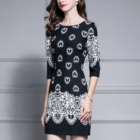 水墨青华春季新品时尚气质优雅修身显瘦一步裙印花收腰连衣裙图片