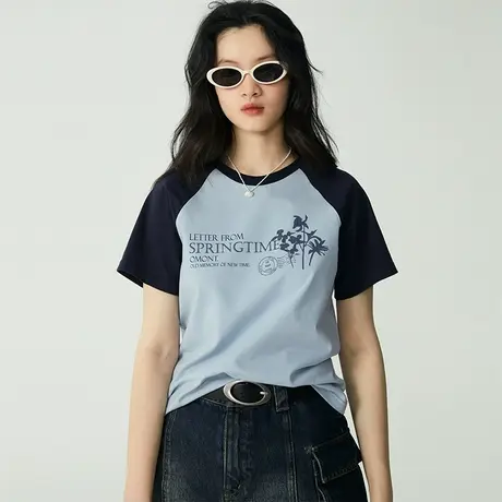 omont蛋挞家 印花短袖插肩袖T恤女夏季新款复古圆领修身显瘦上衣商品大图