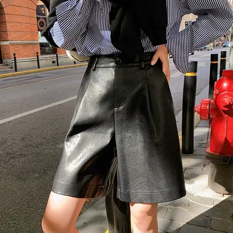 黑色休闲阔腿短裤女2024秋冬新款高腰五分a字显瘦直筒辣妹PU皮裤商品大图