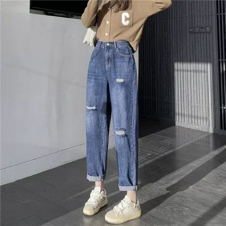 破洞牛仔裤女春秋2024年新款ins潮直筒宽松乞丐裤个性哈伦老爹裤商品大图