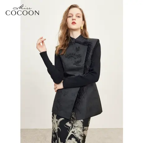 missCOCOON新中式鸵鸟毛国风马夹女2023秋季新款外穿提花马甲冬装图片