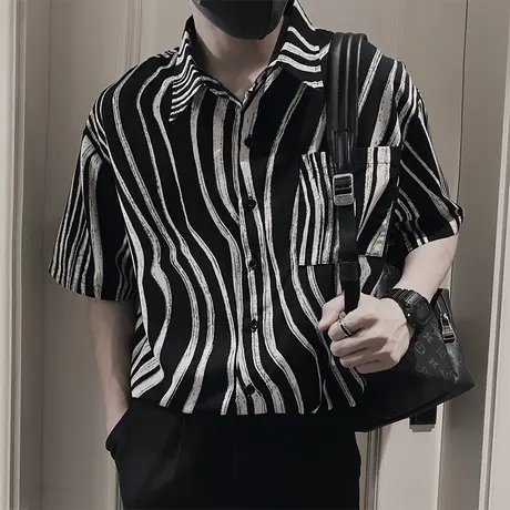 夏季休闲短袖衬衫新款斑马条纹高级感潮男痞帅薄款五分袖中性衬衣商品大图