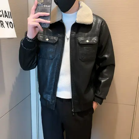 毛领皮衣外套男冬季潮流韩版修身机车皮夹克加绒保暖痞帅冬装上衣图片