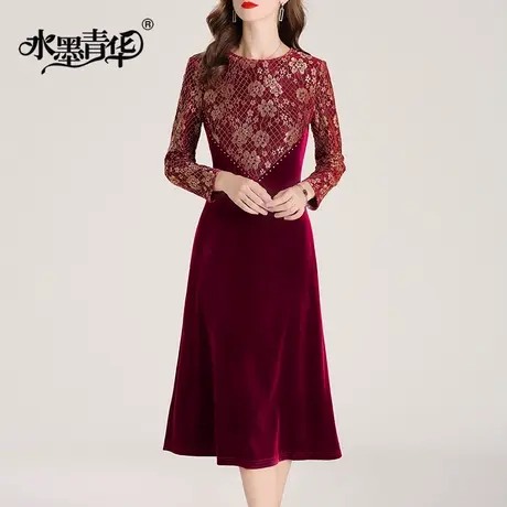 【1件7.9折】冬装新品百搭打底裙宴会婚礼裙修身显气质丝绒连衣裙商品大图