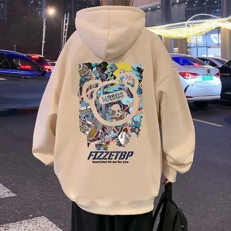 国潮小熊涂鸦印花连帽卫衣男春秋季美式复古纯棉情侣款外套潮ins商品大图