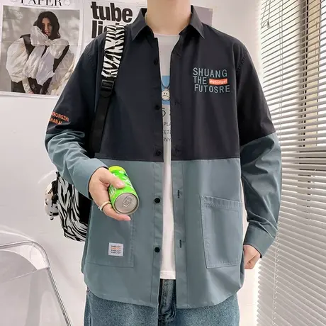 拼接撞色衬衫男长袖韩版潮流新款衬衣外套男宽松帅气休闲学生寸衫商品大图