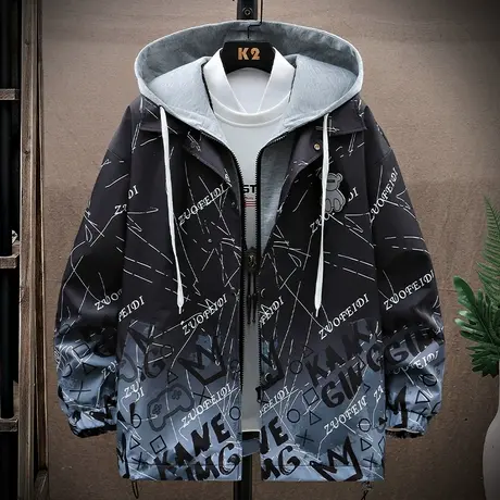 假两件渐变外套男潮牌潮流休闲帅气连帽夹克男生春秋装新款上衣服商品大图