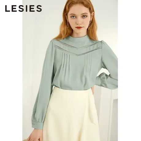 LESIES蓝色倾情春夏装新通勤小立领花边冬饰长袖套头淑女上衣图片