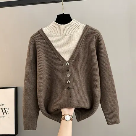 半高领套头毛衣女2024春季新款短款撞色假两件针织上衣加厚打底衫商品大图